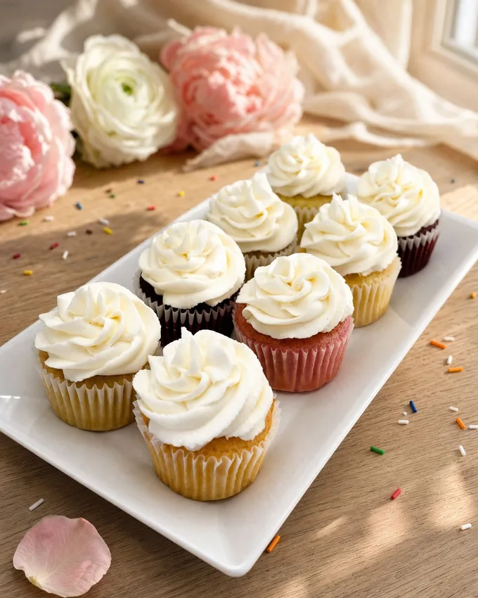 Assorted cupcakes and case desserts with swirled buttercream