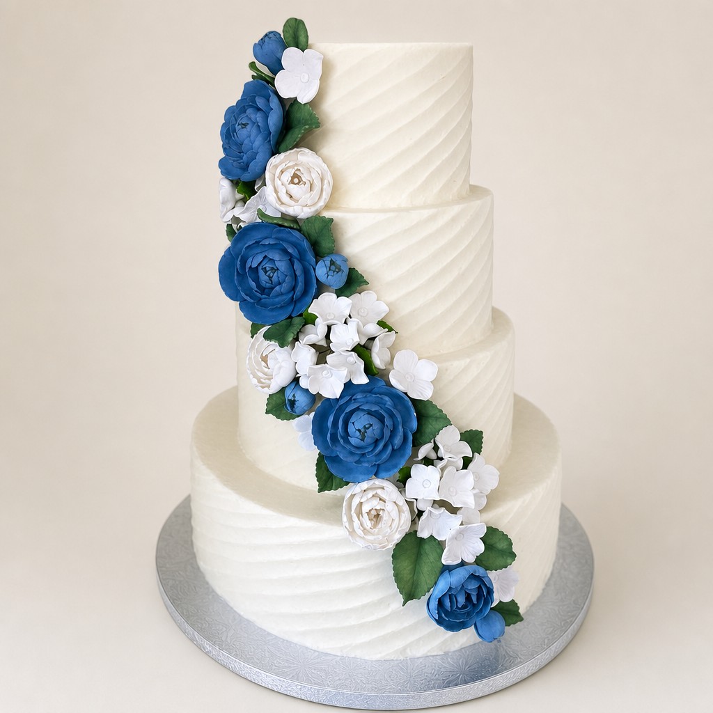 Three-tier white wedding cake with cascading blue sugar flowers, the style couples order from a Carmel, Indiana bakery