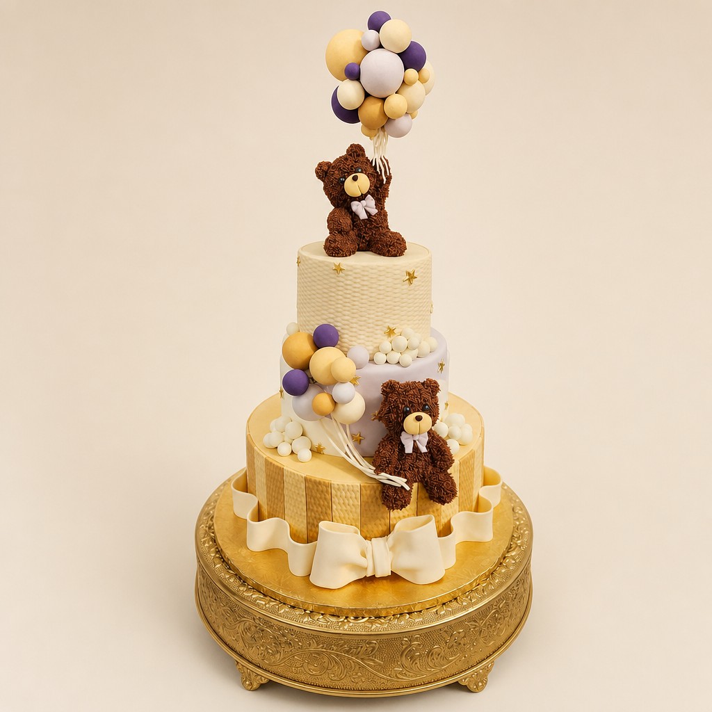 Teddy bear hot air balloon birthday cake, a custom design for Fishers, Indiana families