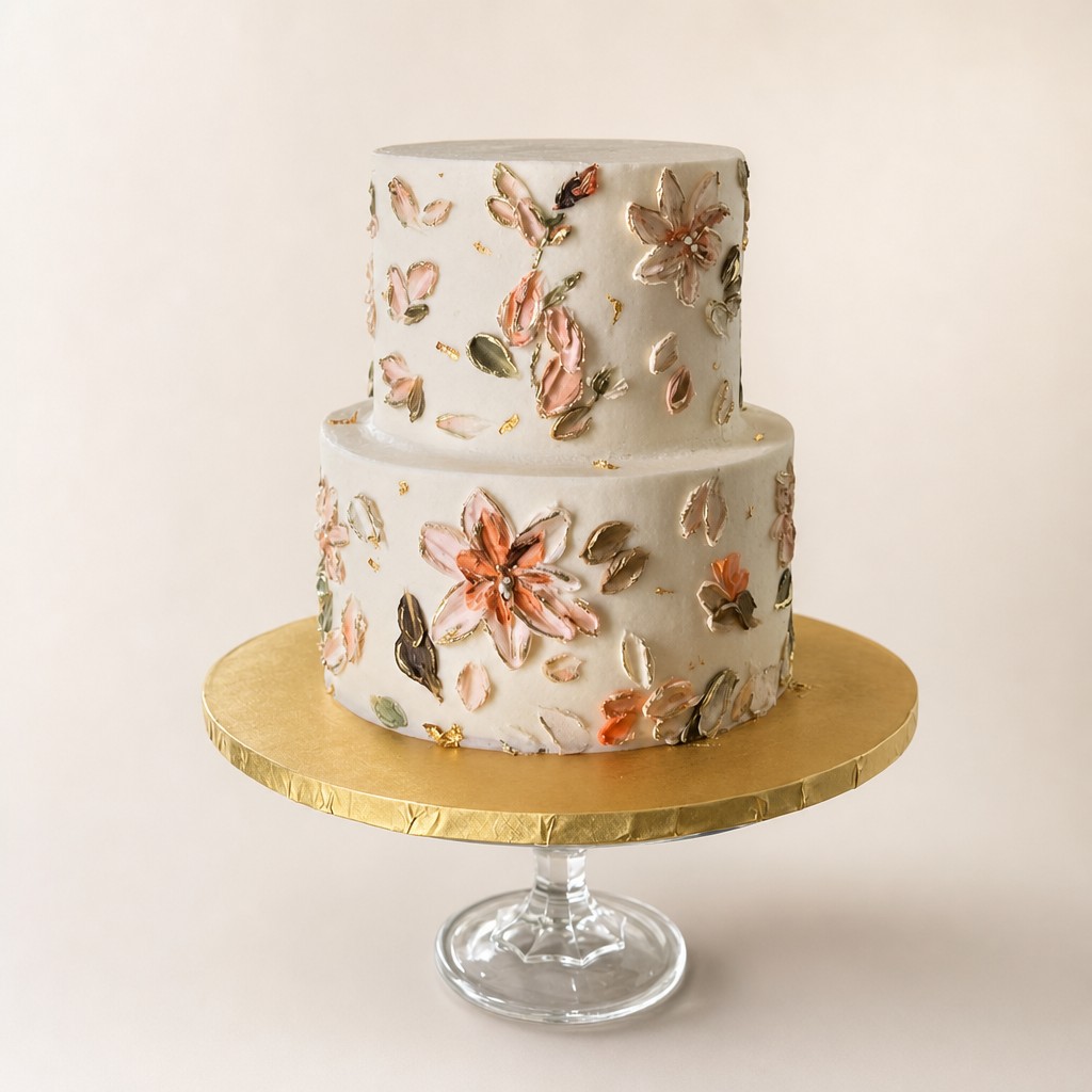 Hand-painted two-tier floral cake by Sweet Escape Cake Company, a custom bakery serving Carmel, Fishers, and Greenwood, Indiana.