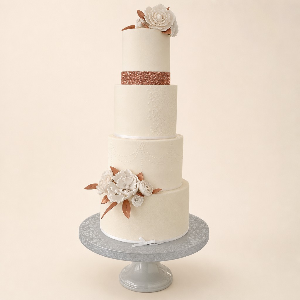 Tall four-tier white wedding cake with rose gold band, delivered and stacked on site in Central Indiana