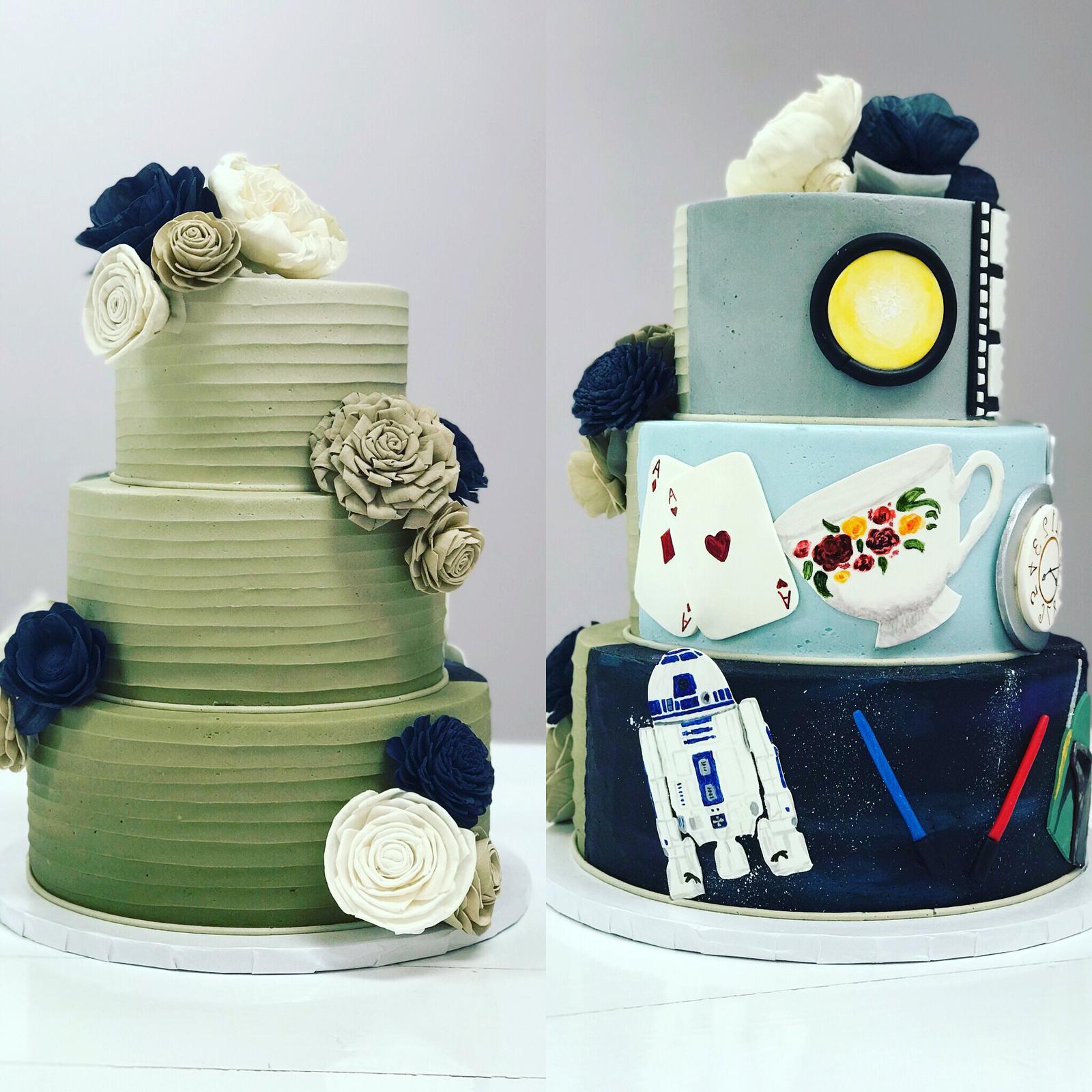 A three-tier green ombre buttercream birthday cake topped with macarons by Sweet Escape Cake Company, one of the best birthday cakes in Indianapolis.