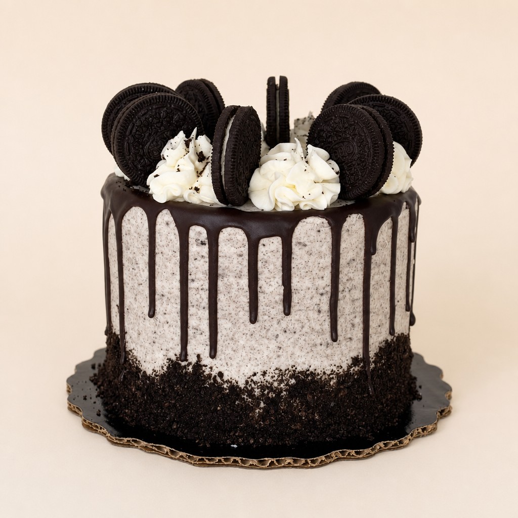 Single-tier cookies and cream cake with a dark chocolate drip and whole Oreos by Sweet Escape Cake Company, a favorite from the chocolate cake flavors family.