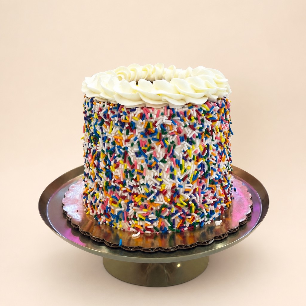 Round birthday cake covered in colorful sprinkles with white buttercream rosettes, the Confetti flavor from the Sweet Escape cake flavors list.