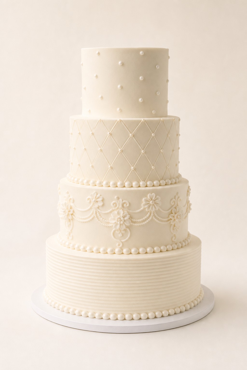 Classic four-tier ivory buttercream wedding cake with pearl dots and piped scrollwork by Sweet Escape Cake Company in Indianapolis.
