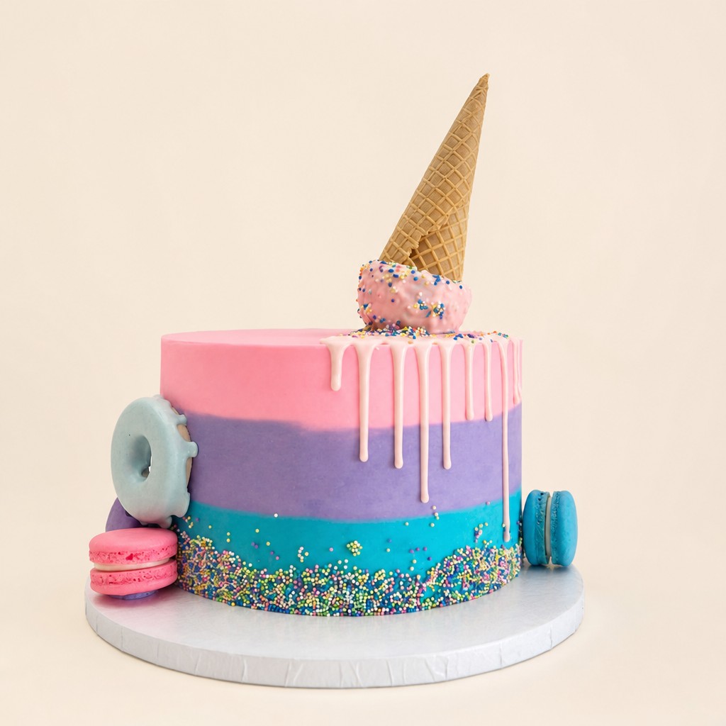 Ombre buttercream birthday cake in pink, purple, and blue with a white drip and sprinkles by Sweet Escape Cake Company in Indianapolis.