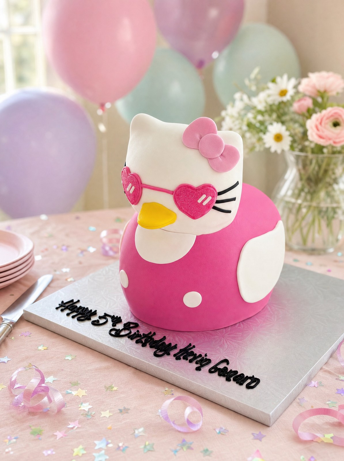 A sculpted Hello Kitty character custom birthday cake with a pink bow and heart sunglasses, made by a custom cake shop in Indianapolis.