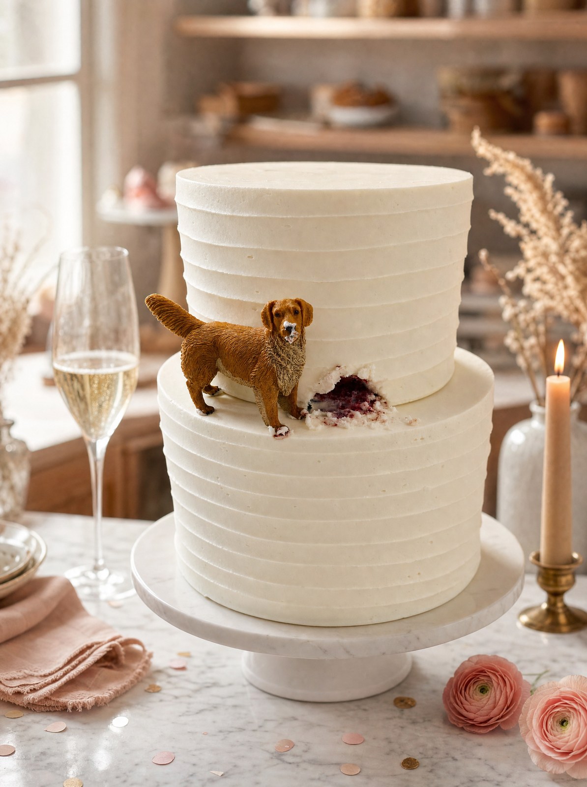 A custom two-tier white buttercream birthday cake with a playful golden retriever topper by Sweet Escape Cake Company, a custom cake shop in Indianapolis.