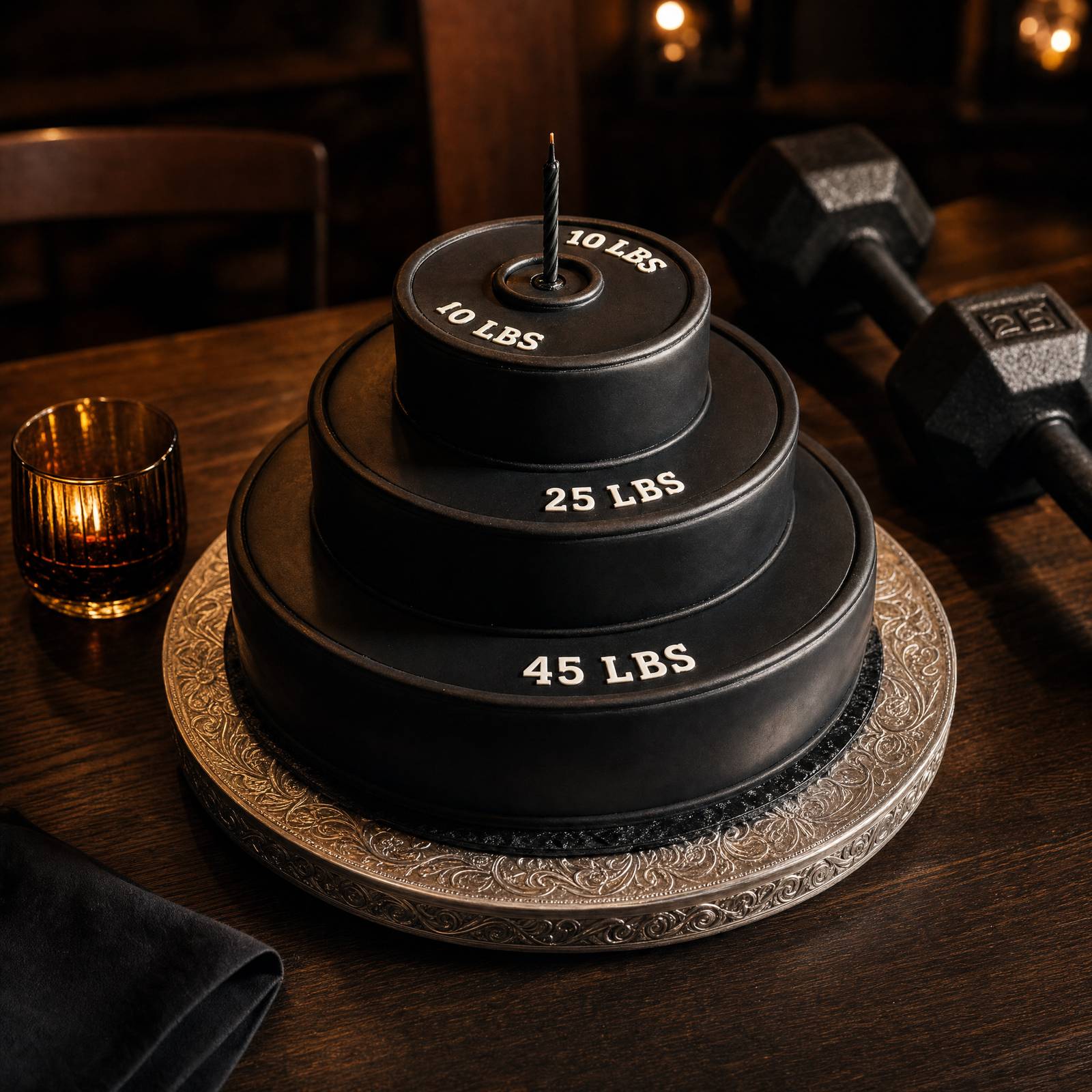 A sculpted milestone birthday cake shaped like stacked barbell weight plates in black and white, from a custom cake bakery in Indianapolis.