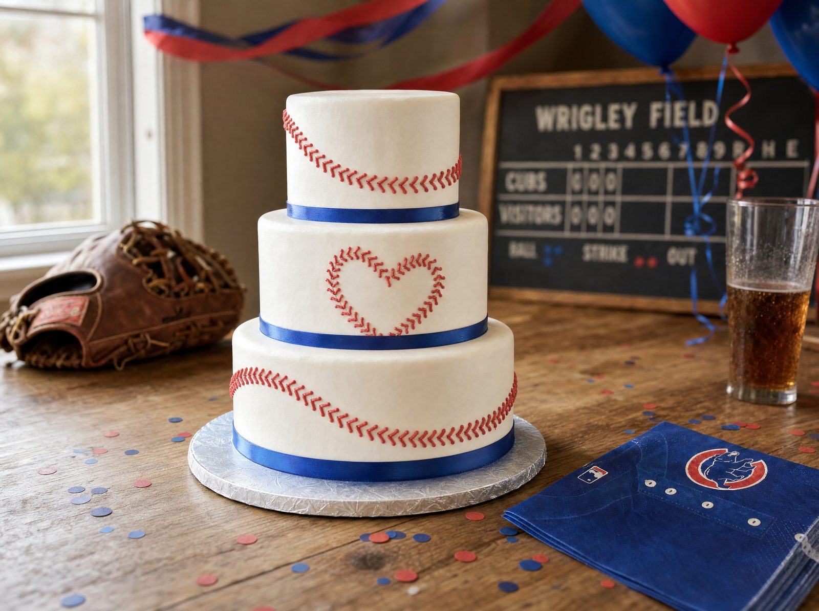 A three-tier Chicago Cubs themed custom birthday cake with white frosting and red baseball stitching, made by a custom cake shop in Indianapolis.
