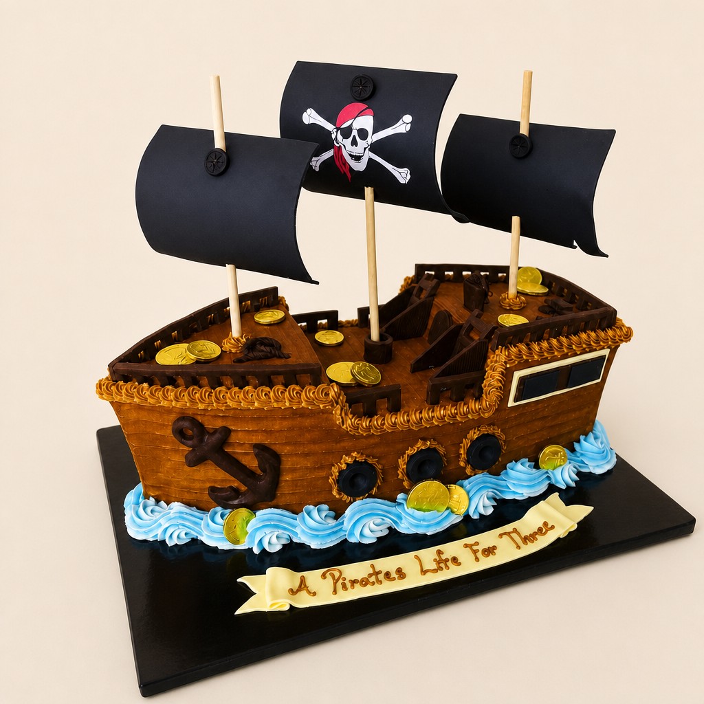 A sculpted pirate ship birthday cake with buttercream plank texture by Sweet Escape Cake Company in Indianapolis, the kind of custom cake a grocery store cannot make.