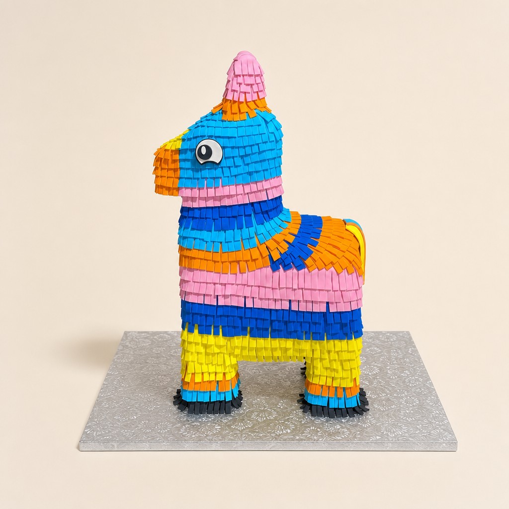 A sculpted pinata birthday cake with hand-cut fondant fringe in pink, blue, orange, and yellow by Sweet Escape Cake Company, a custom cake no grocery store case can match.