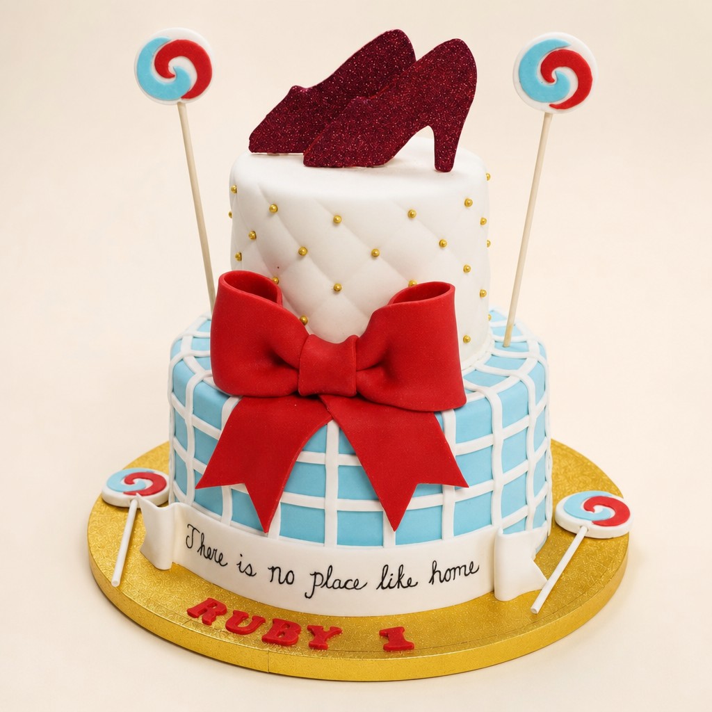 A personalized Wizard of Oz first birthday cake with glitter ruby slippers and a quilted fondant top tier by Sweet Escape Cake Company in Indianapolis, custom design work beyond any store bought cake.