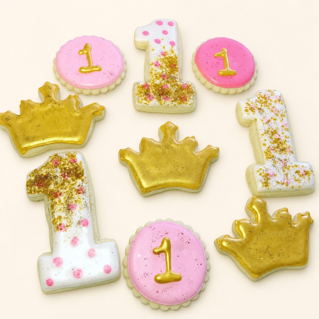 A pink and gold first birthday cookie set with sparkle crowns and number one decorated cookies from a custom Indianapolis bakery.