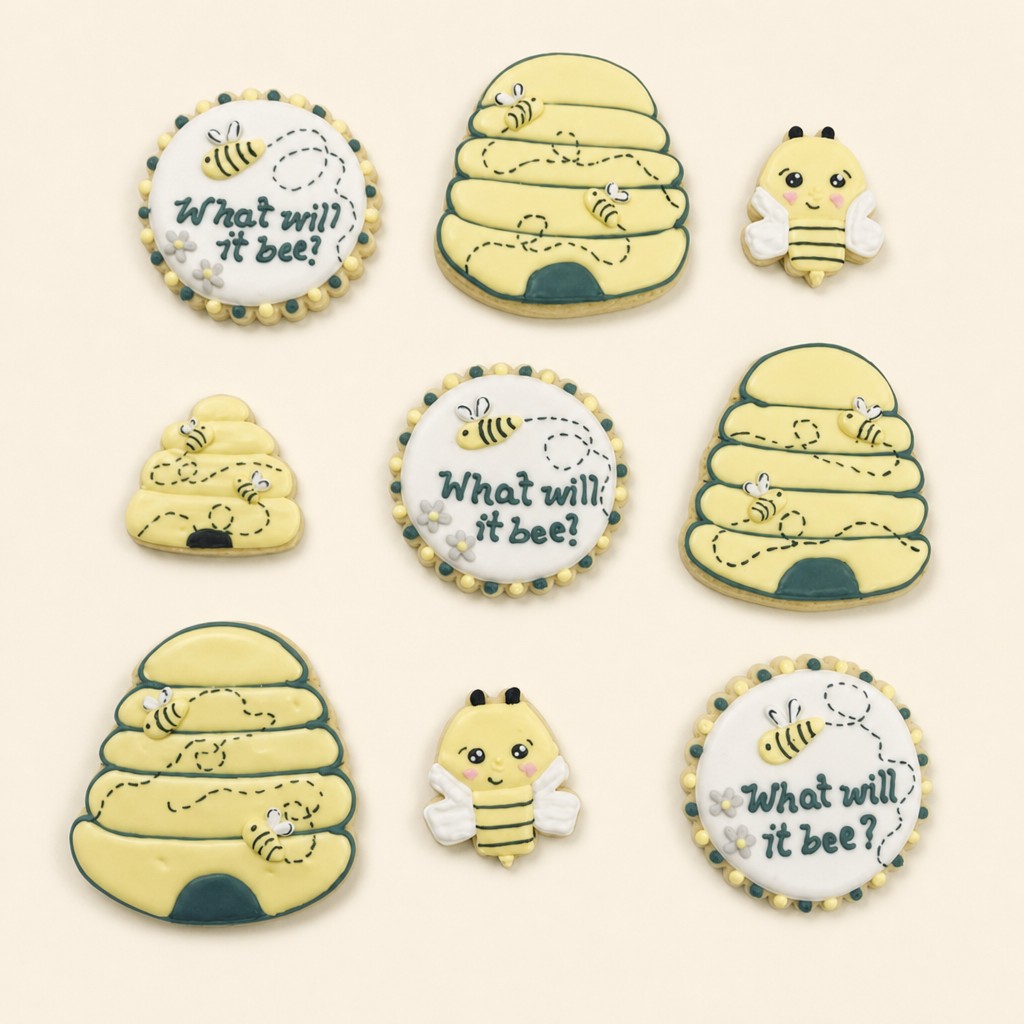 A What Will It Bee gender reveal cookie set with bumblebee, honeycomb, and baby themed decorated cookies in yellow and black.
