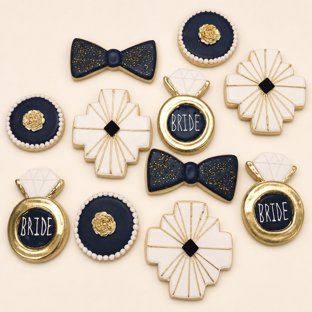 A black and gold Art Deco bride cookie set with engagement ring, bow tie, and fan shaped decorated cookies by Sweet Escape Cake Company in Indianapolis.