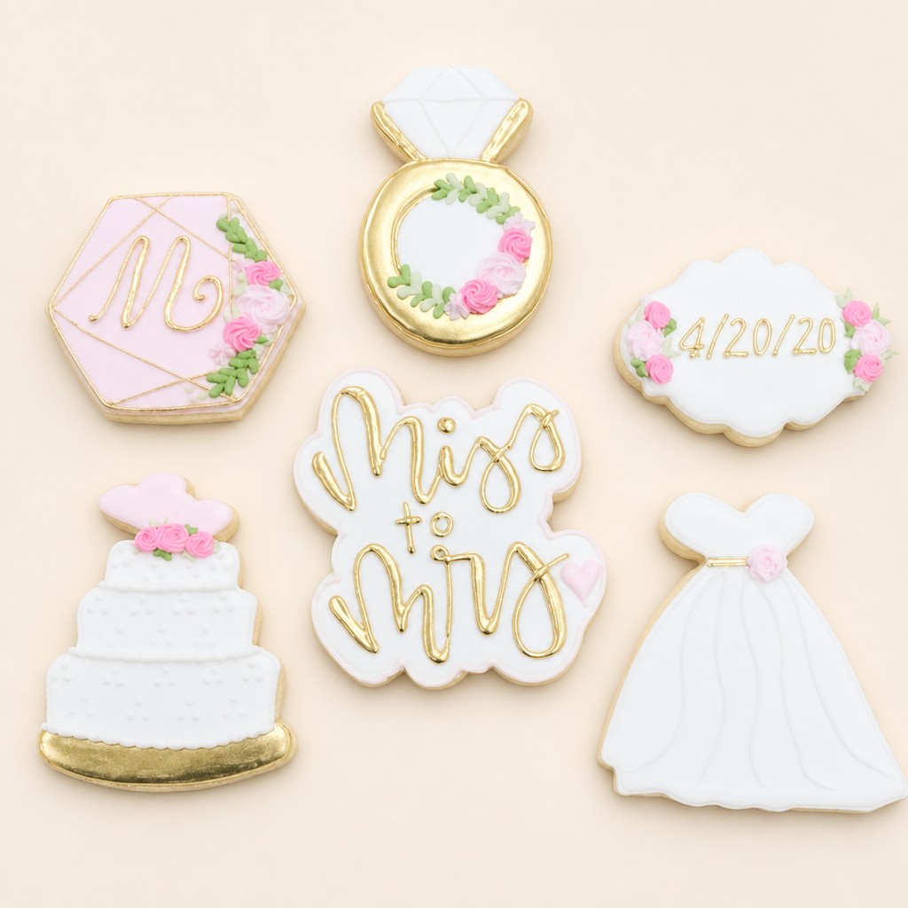 A Miss to Mrs bridal shower cookie set with gold script plaques, wedding dress, engagement ring, and tiered cake decorated cookies.