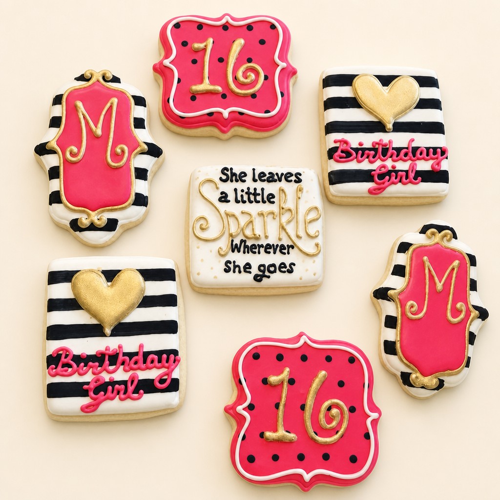 A pink, black, and gold Sweet 16 birthday cookie set with striped, sparkle, and quote plaque decorated cookies.
