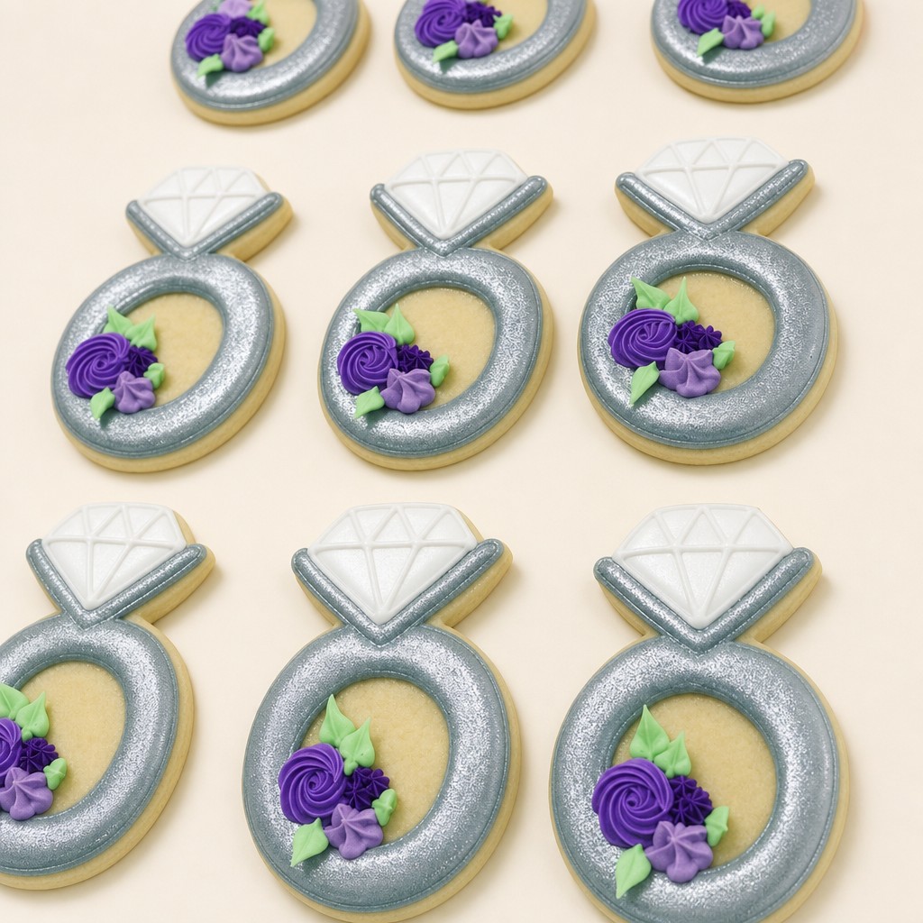 Silver engagement ring royal iced cookies with piped purple sugar flowers, made as wedding cookie favors by an Indianapolis bakery.