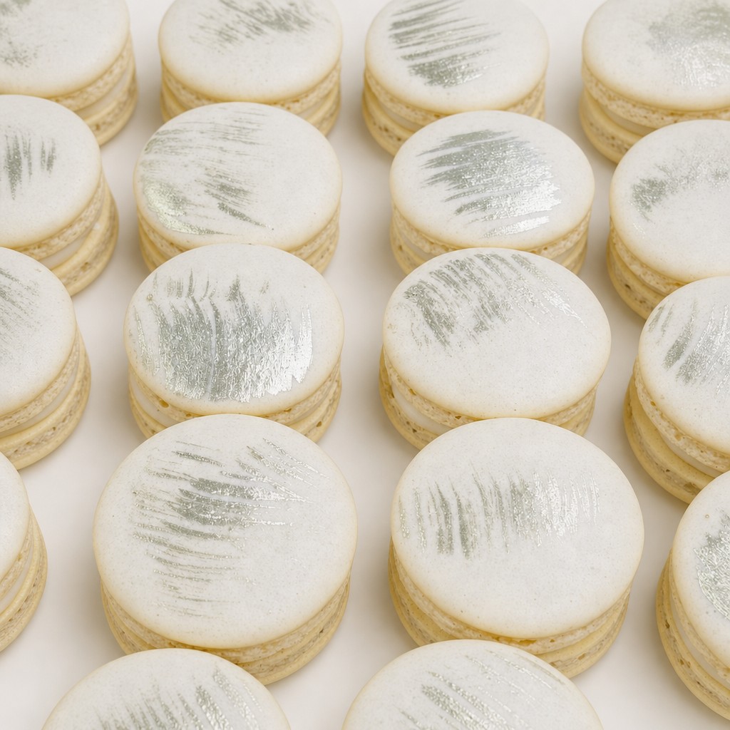 Cream macarons with gold brushstrokes styled for a wedding dessert wall by Sweet Escape Cake Company.