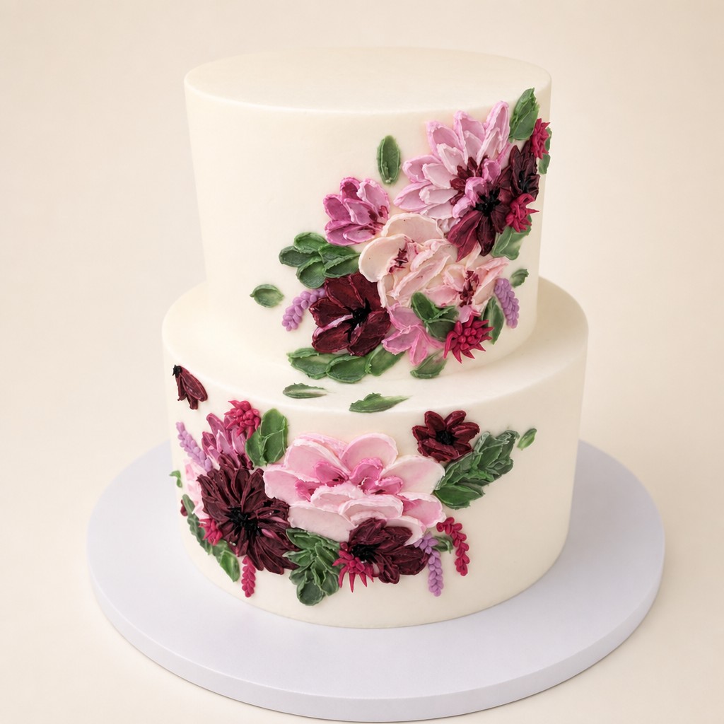 Two tier wedding cake with piped buttercream flowers in burgundy, plum, and pink, jewel tone colors for an autumn wedding cake.
