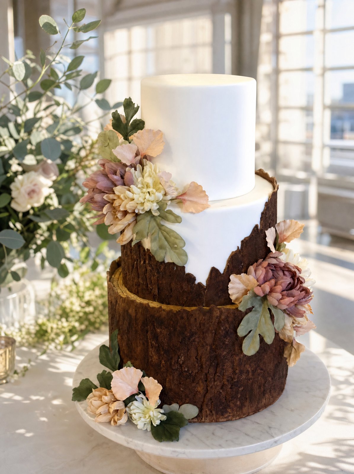 A three-tier wedding cake combining dark tree-bark texture with smooth white fondant panels and blush and sage florals by Sweet Escape Cake Company in Indianapolis.
