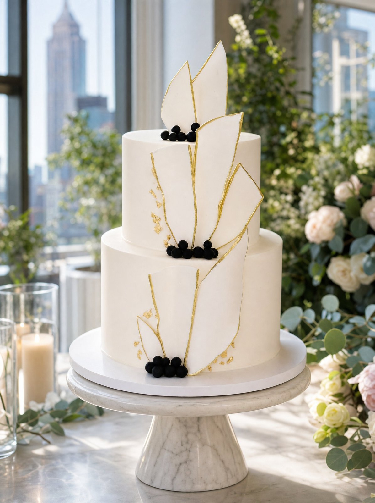 A modern two-tier white wedding cake with smooth fondant panels, sharp gold-edged shards, and gold leaf by Sweet Escape Cake Company in Indianapolis.