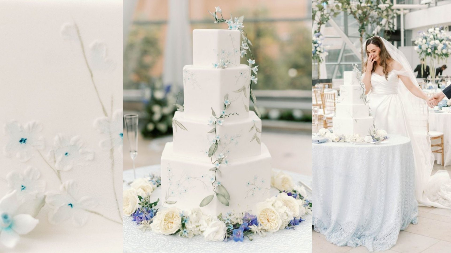 A four-tier smooth white fondant wedding cake with light blue sugar flowers by Sweet Escape Cake Company in Indianapolis.