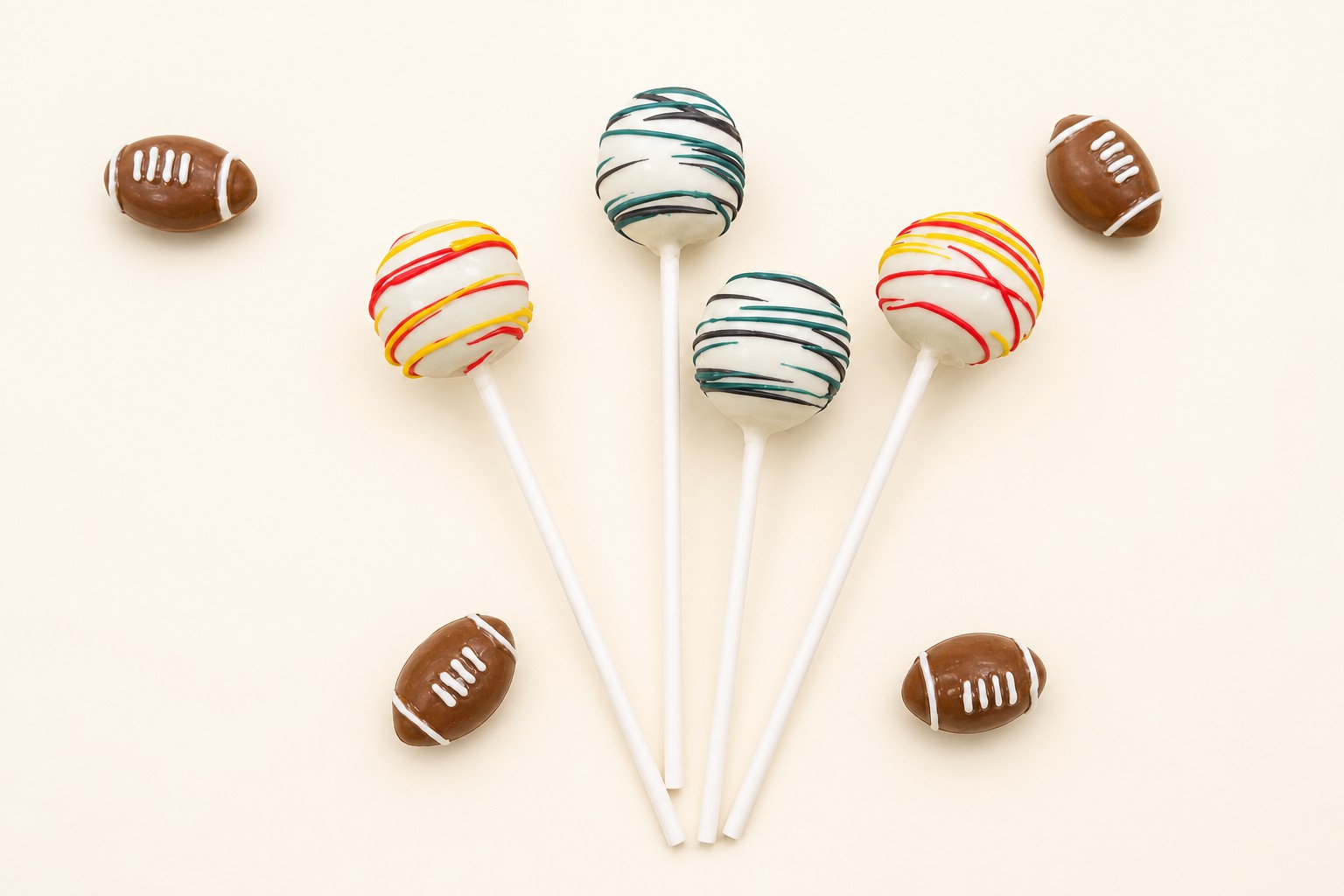 Football cake pops in team colors with chocolate footballs, game day treats from Sweet Escape Cake Company in Indianapolis.