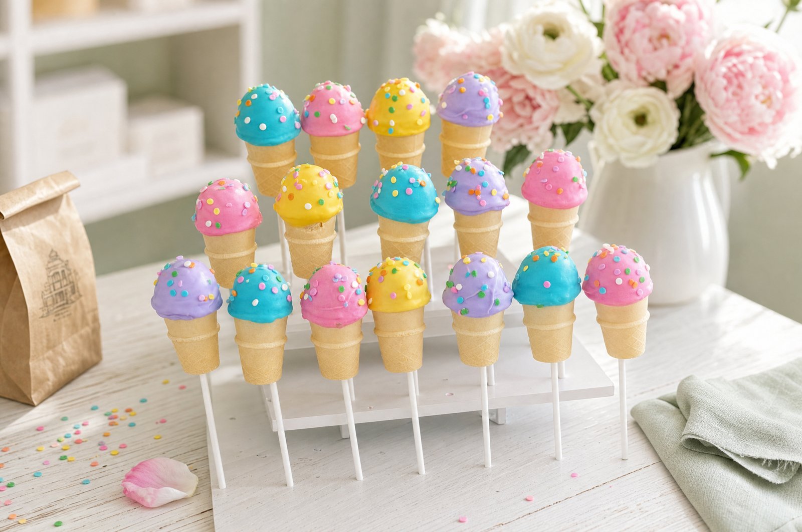 A spread of pastel cake pops with rainbow sprinkles on white sticks by Sweet Escape Cake Company in Indianapolis.