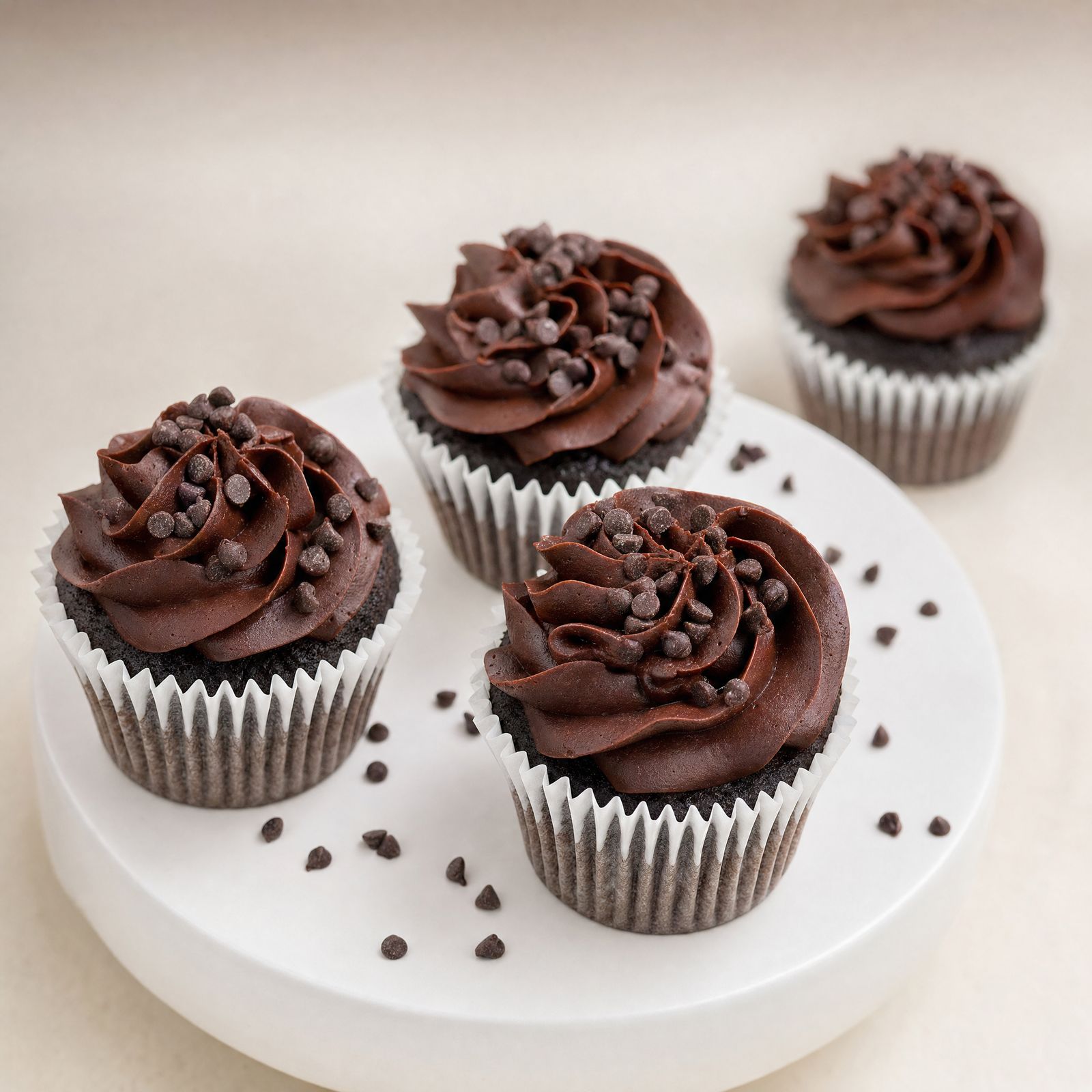 Chocolate cupcakes with rich chocolate buttercream and a scatter of mini chocolate chips by Sweet Escape Cake Company in Indianapolis.