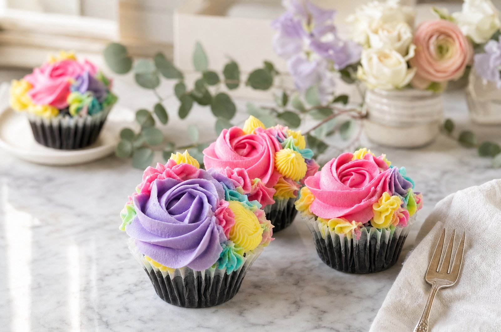 Colorful gluten-free style buttercream cupcakes topped with pink, purple, and pastel rainbow frosting by Sweet Escape Cake Company in Indianapolis.