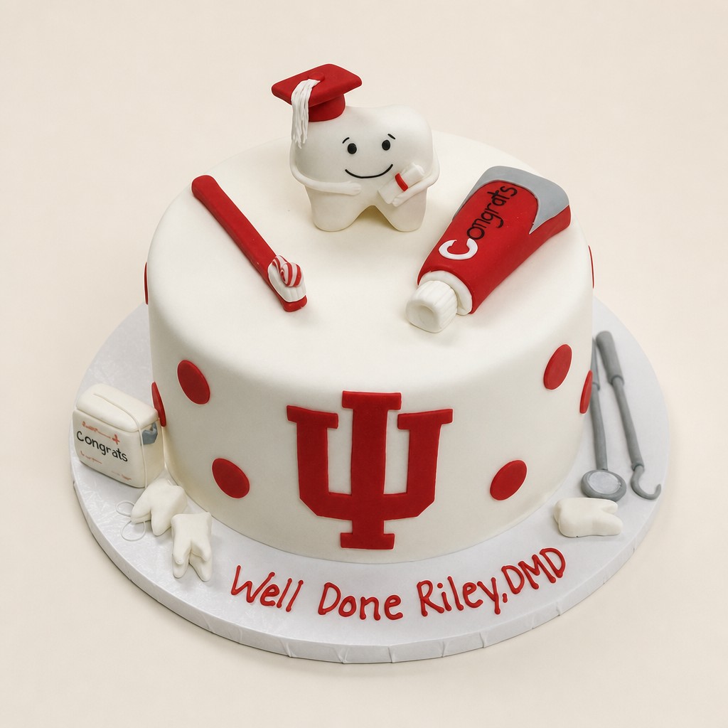 A white single-tier dental school graduation cake with a smiling fondant tooth in a graduation cap and IU logo from Sweet Escape Cake Company in Indianapolis.