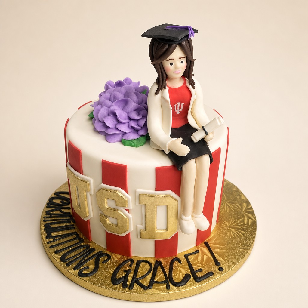 A single-tier graduation cake topped with a hand-sculpted fondant graduate figurine holding a diploma, made by a custom cake bakery in Indianapolis.