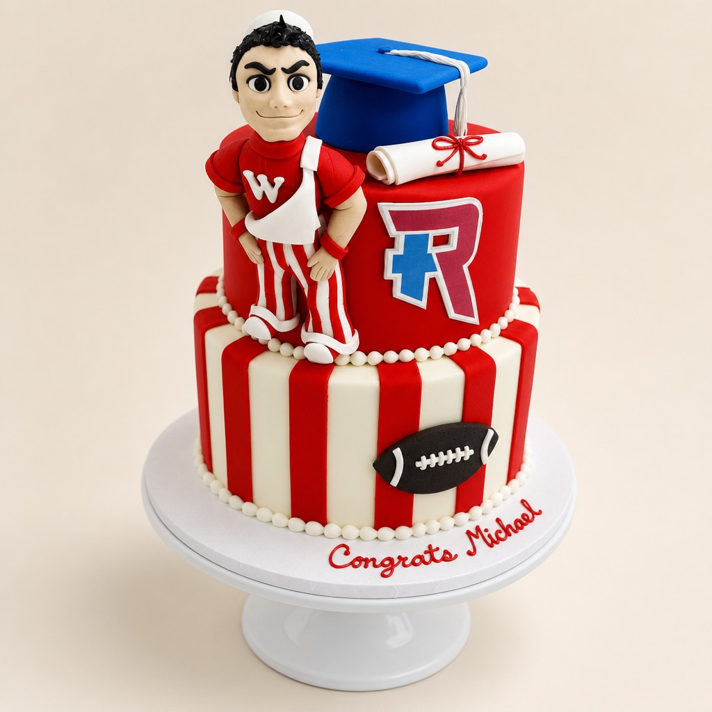A two-tier graduation cake in red and white school colors with a fondant mascot, graduation cap, and diploma by Sweet Escape Cake Company in Indianapolis.