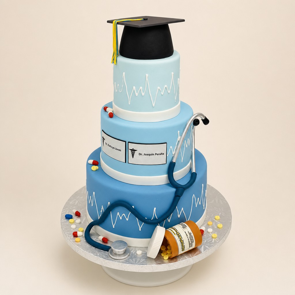 A three-tier medical school graduation cake in blue with a fondant stethoscope, EKG line, and graduation cap topper by Sweet Escape Cake Company.
