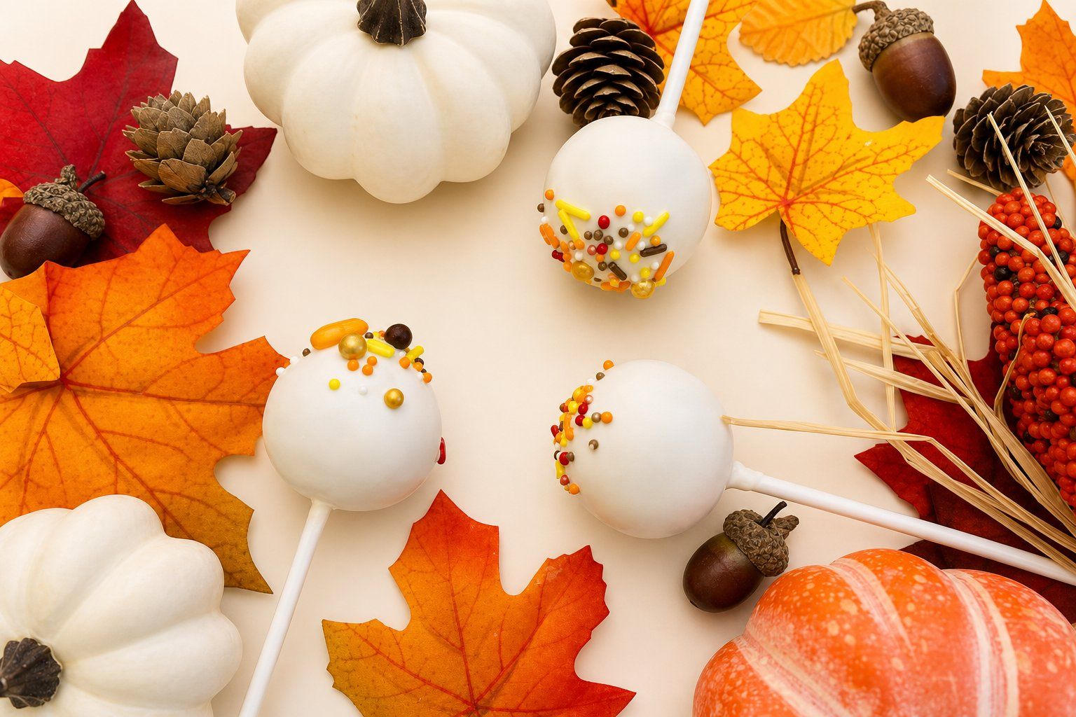 White cake pops with orange, yellow and brown fall sprinkles beside mini pumpkins, October party treats from Sweet Escape in Indianapolis.