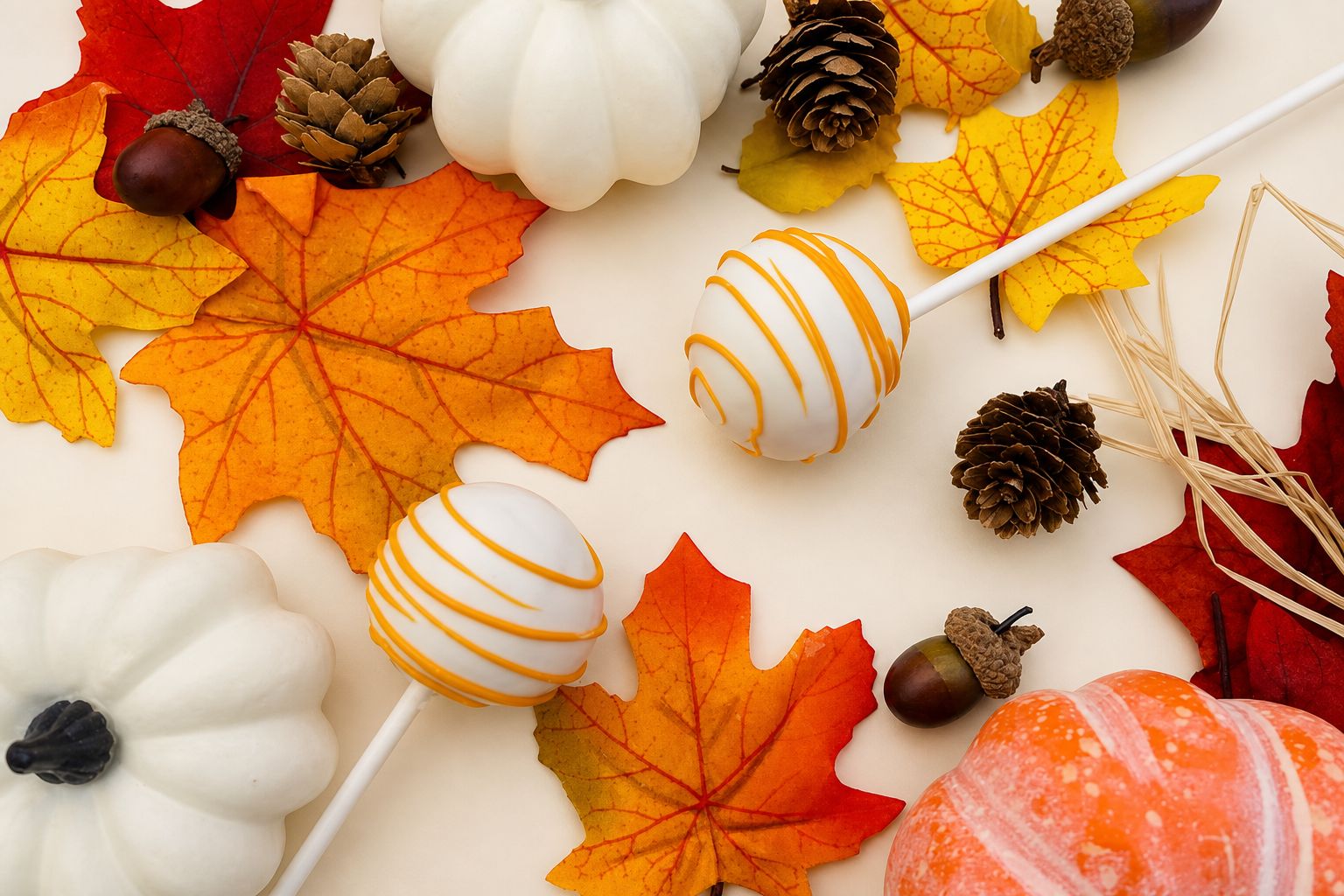 White cake pops with orange stripes among fall leaves and mini pumpkins, Halloween cake pops and treats from Sweet Escape Cake Company in Indianapolis.