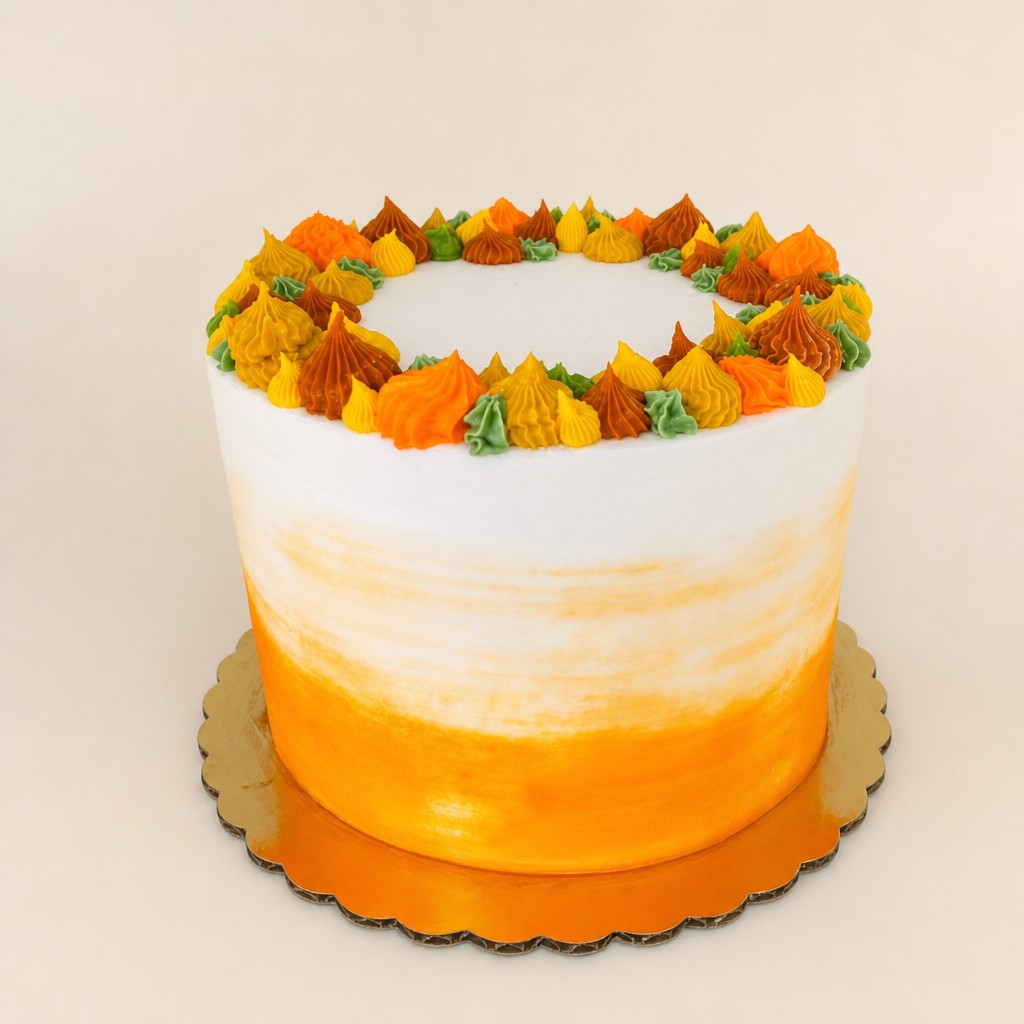 A single-tier orange ombre buttercream cake with a crown of orange, gold, green and brown swirls, a Halloween cake idea from an Indianapolis bakery.
