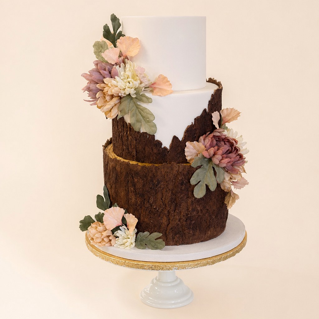 A three tier rustic wedding cake with tree bark textured tiers and blush sugar flowers, a woodland style wedding cake by Sweet Escape Cake Company.
