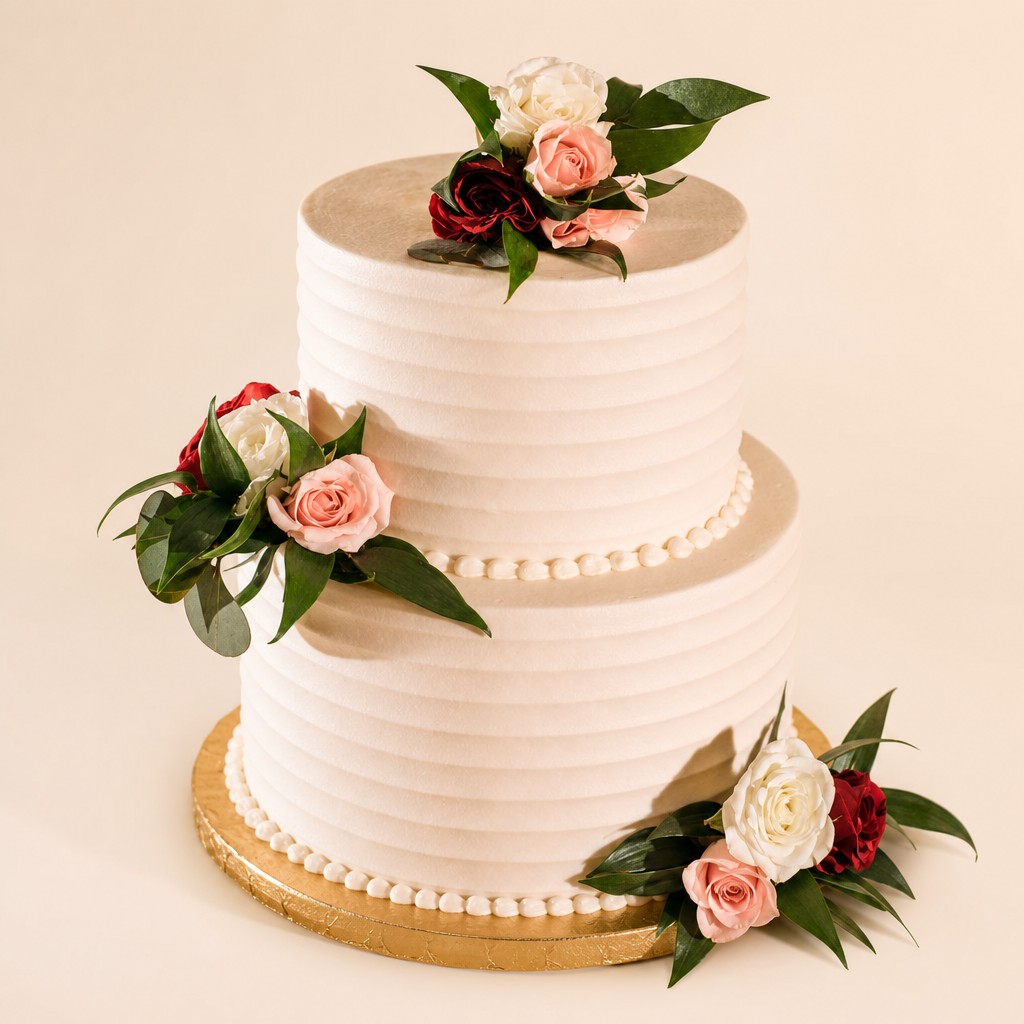 A two tier rustic buttercream wedding cake with combed ridges, fresh roses, and greenery by Sweet Escape Cake Company in Indianapolis.
