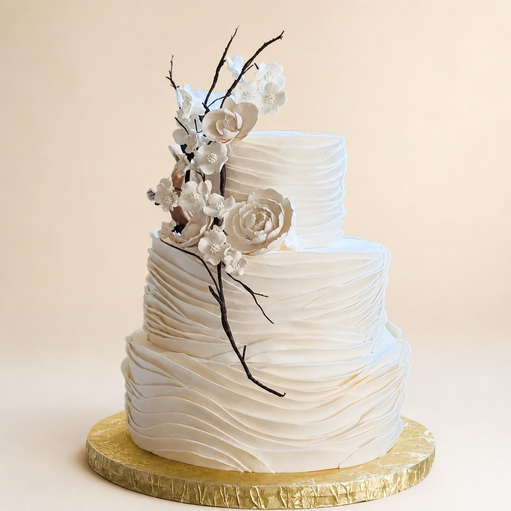 A ruffled buttercream wedding cake with ivory sugar flowers and edible branches, a rustic wedding cake idea for 2026 from Sweet Escape Cake Company in Indianapolis.