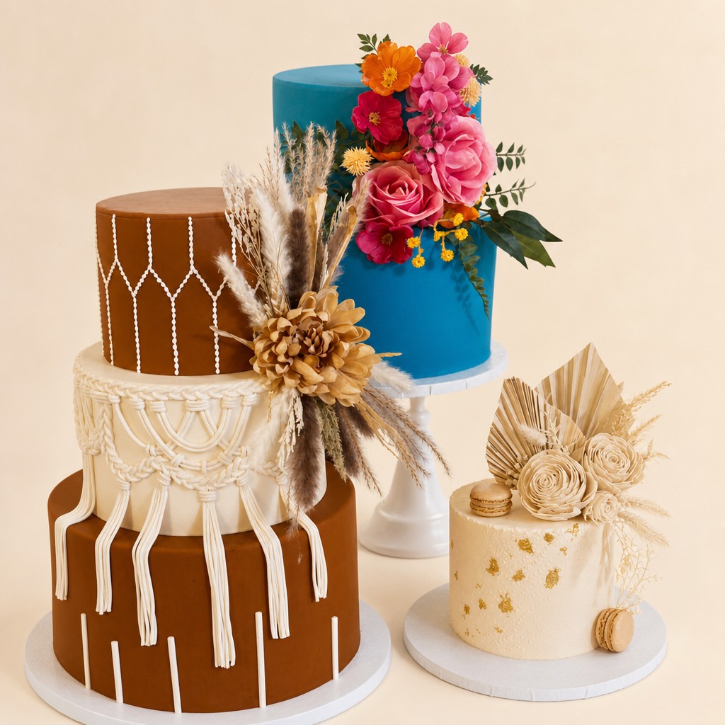 A rustic wedding dessert bar with a gold leaf drip cake, macrame piped tiers, and pampas grass styling by Sweet Escape Cake Company.