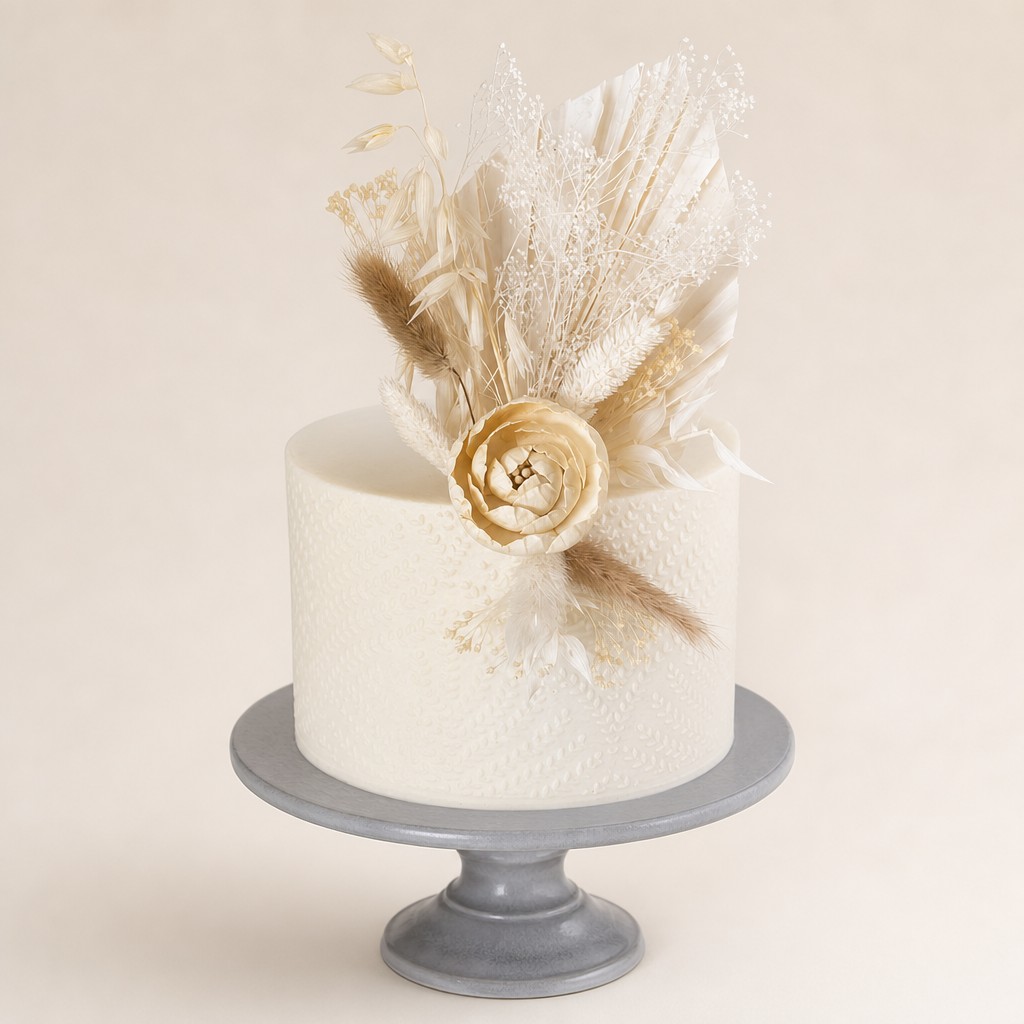 A single tier textured buttercream rustic wedding cake topped with dried flowers and grasses, styled for a boho barn wedding by Sweet Escape Cake Company.