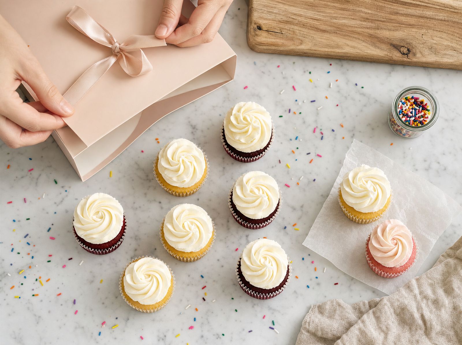 An assortment of mini cupcakes with white buttercream and colorful sprinkles, ready for same-day pickup at an Indianapolis bakery.