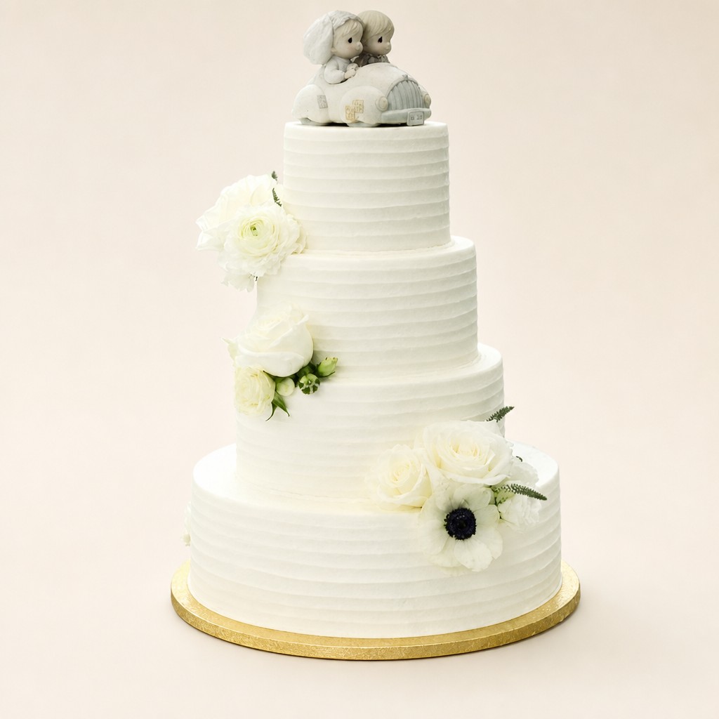 A four tier white buttercream wedding cake with fresh flowers and a vintage topper by Sweet Escape Cake Company in Indianapolis.