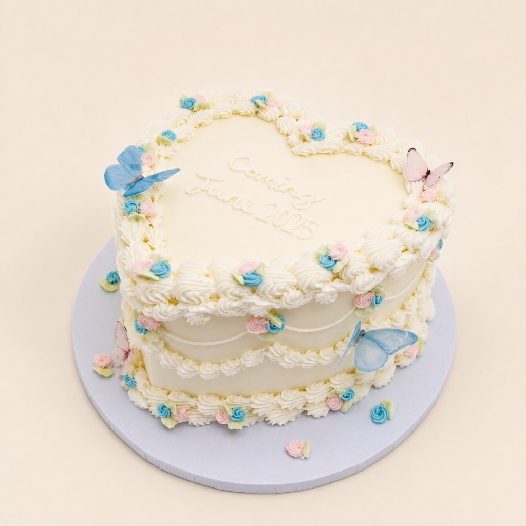 A cream heart-shaped baby announcement cake with pink and blue rosettes and butterflies by Sweet Escape Cake Company.