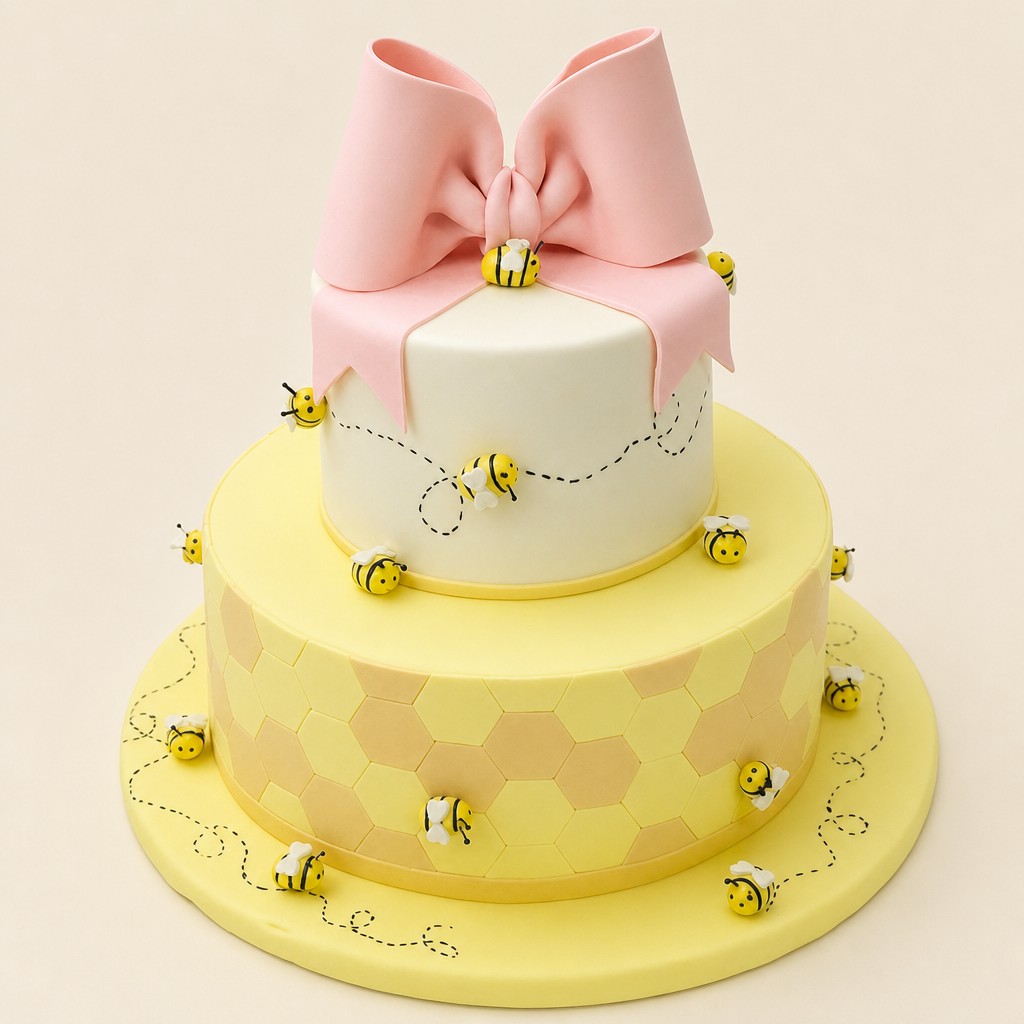 A pastel yellow bee themed baby shower cake with honeycomb piping and a pink bow by Sweet Escape Cake Company.