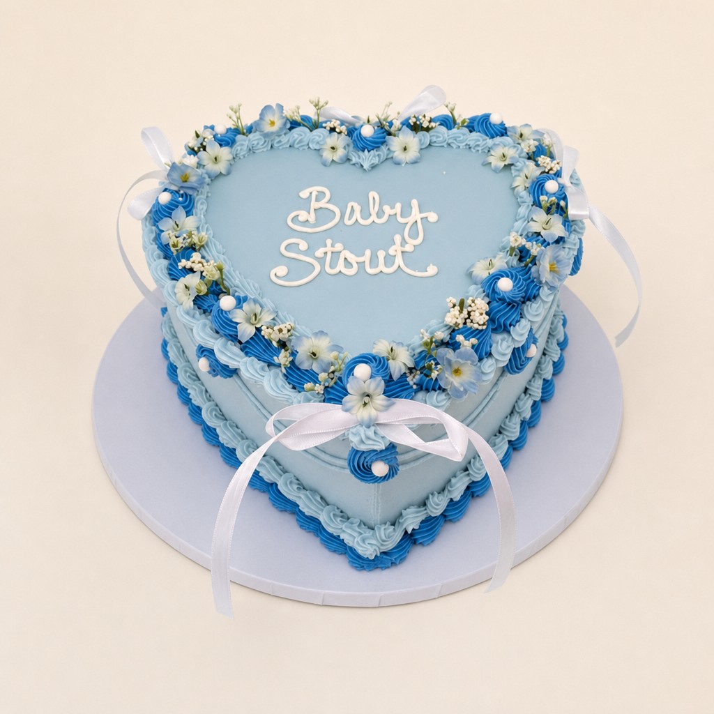 A blue vintage heart-shaped baby shower cake with piped shells and florals by Sweet Escape Cake Company in Indianapolis.