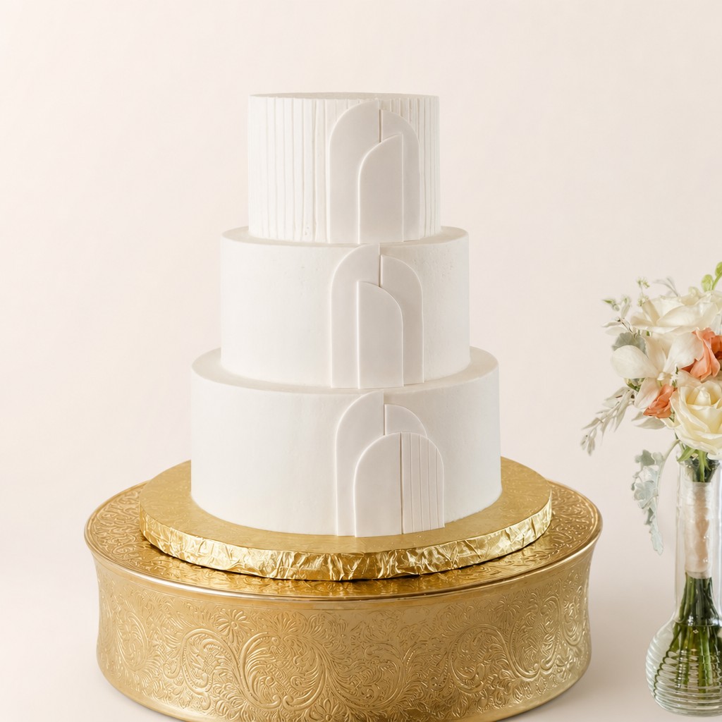A modern three-tier wedding cake with art deco arch panels on a gold stand by Sweet Escape Cake Company in Indianapolis.